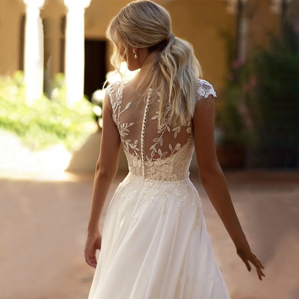 Elegant Boho Lace Wedding Dress 2025 Chiffon O-Neck Illusion Back Beach Side Split Applique Bridal Party Gown Vestidos De Novia