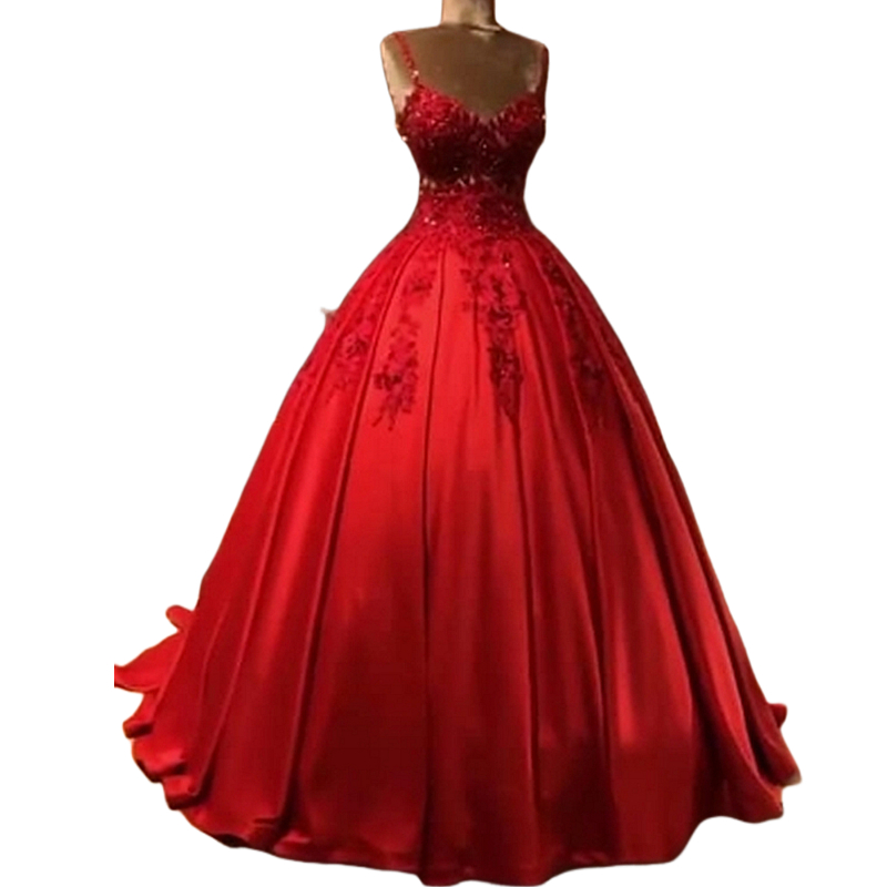 Glamours Red Satin Evening Dresses Pearls Beaded Spaghetti Ball Gown Prom Dress For Women 2024 Lace Appliques Sleeveless Pleats Long Elegant Special O