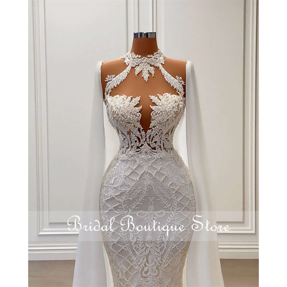 New Design 2023 Handmade Pearls Mermaid special Dresses Long Cape Lace Appliques Halter Beading Robe De Mariee