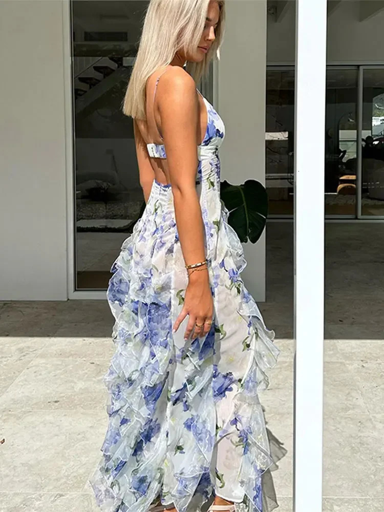 Womens Elegant Printed Camisol Long Dress Open Back Slim Fit Retro Womens Fashion Dress Holiday Leisure Unique Beach Book 240426
