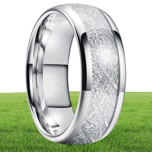 8mm Tungsten Mens Ring Inlay Meteorite Silver Polished Wedding Bands Men039s 316L Stainless Steel Ring Size 713