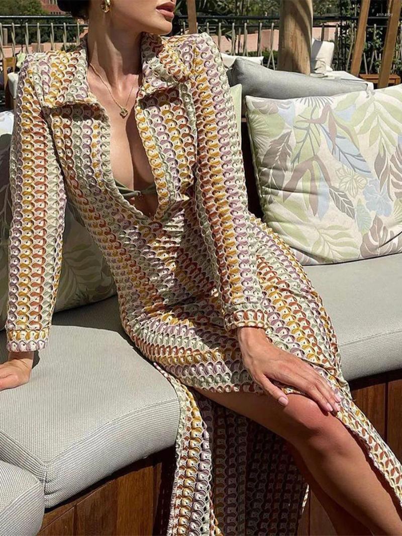 Casual Dresses Womens V Neck Crochet Maxi Long Sleeve Bodycon Dress Hollow Out Summer Thigh Slit Beach Vacation Cover Up