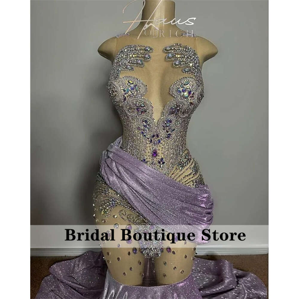 Sparkly Lavender Lilac Dias Long Prom Dress 2024 For Black Girls Beads Crystals Rhies Birthday Party Reception Robe