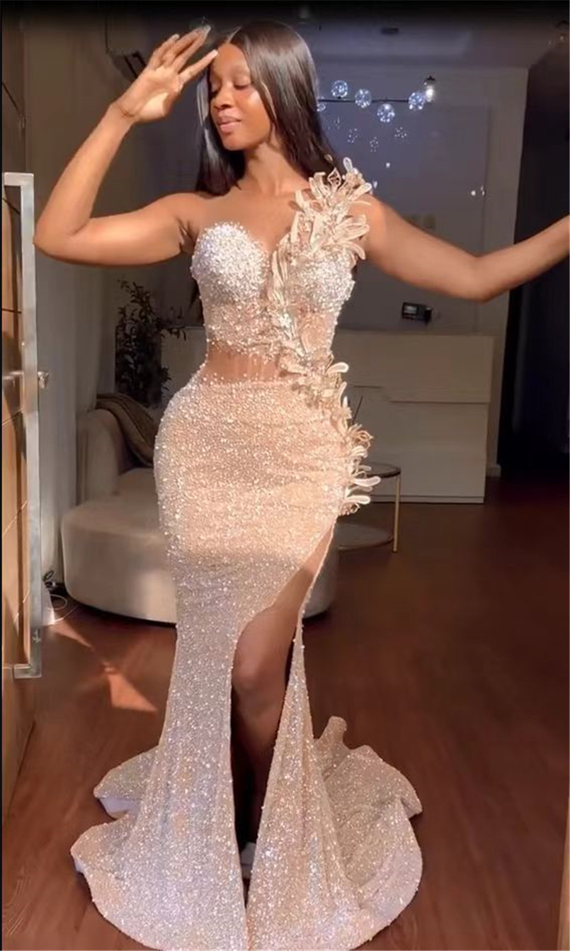 Gorgeous Pink Sequined Prom Dresses Black Girls Sexy One Shoulder Mermaid Split Evening Gowns With Corset Back