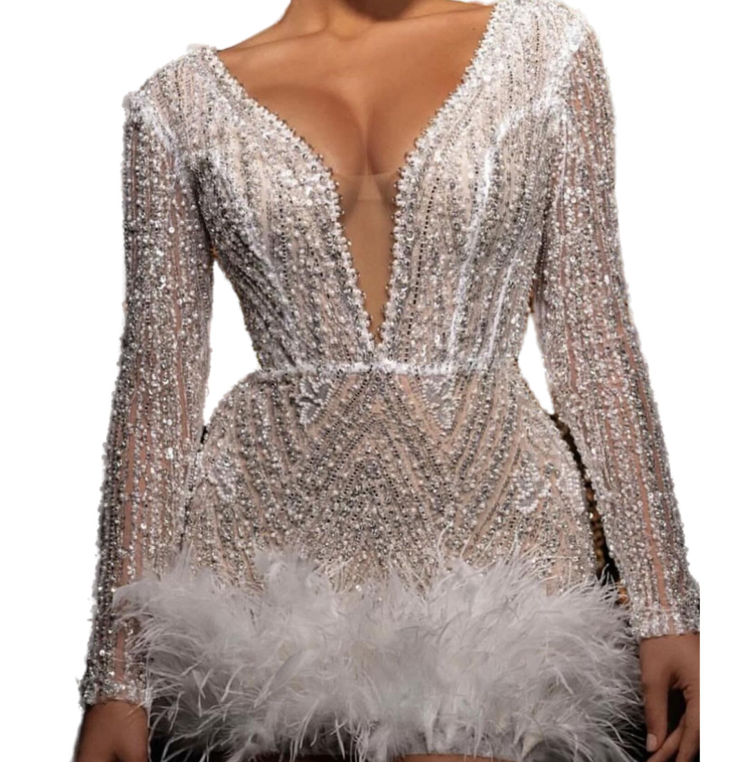 2024 White Sheath Graduation Dress Beaded Feather Sequined Short Mini Homecoming Party Formal Cocktail Prom Bridesmaid Gowns Dresses ZJ012