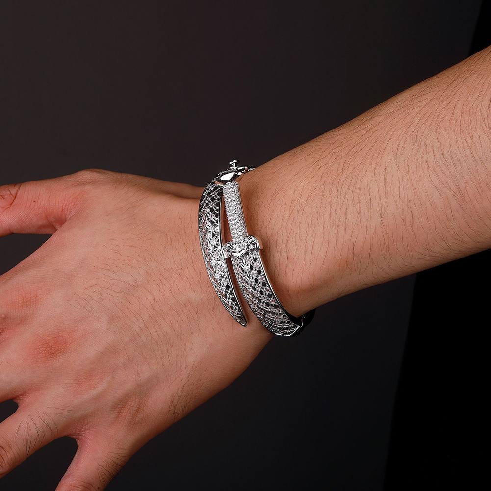 Hip Hop Sword Bracelet Cuff Bangle Micro Paved Cubic Zirconia Mens Wrist Jewelry Set