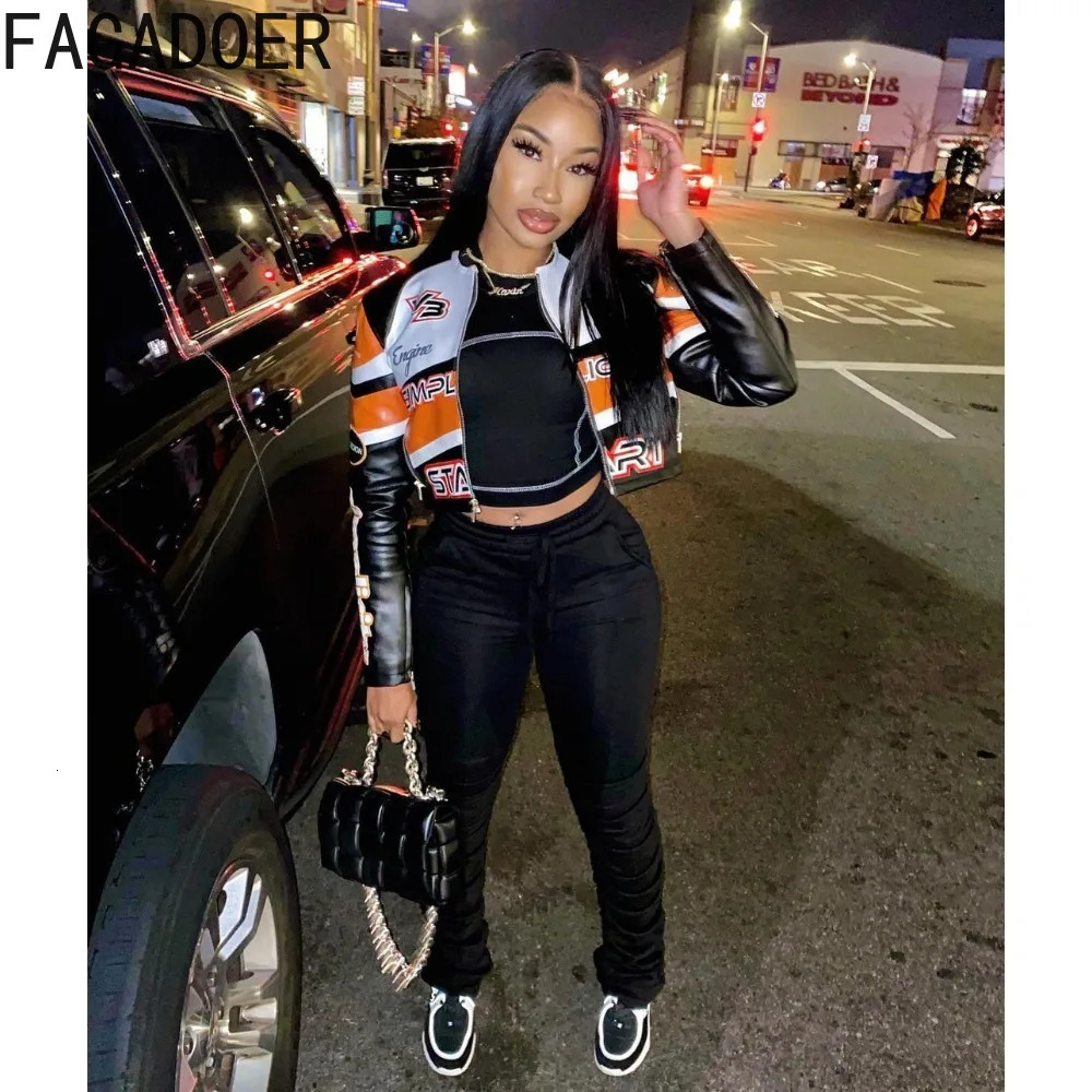 FAGADOER Fashion Street Style Women PU Leather Long Sleeve Zipper Crop Jacket Female Letter Printed Stitching Slim Coat Top 240510