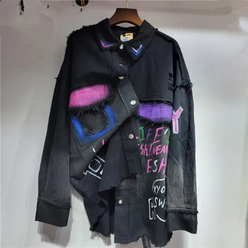 Spring Autumn Long Sleeve Denim Jacket Shirt Women Washed Worn Printed Casual Fashion Loose Street Style 240423