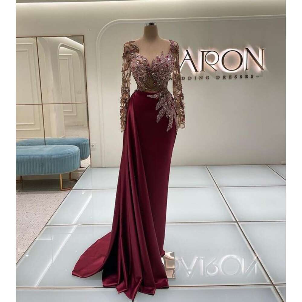 Beading Mermaid Prom Dresses Bury Long Sleeve Sexy Jewel Neck Evening Dress Party Wear Sweep Train Satin Gowns 6660306