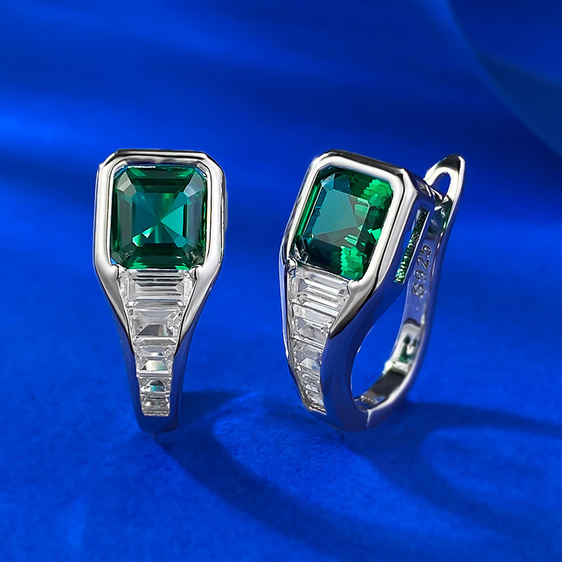 Sterg Sier Asscher Emerald Moissanite Clip Earrings for Women's Party and Wedding