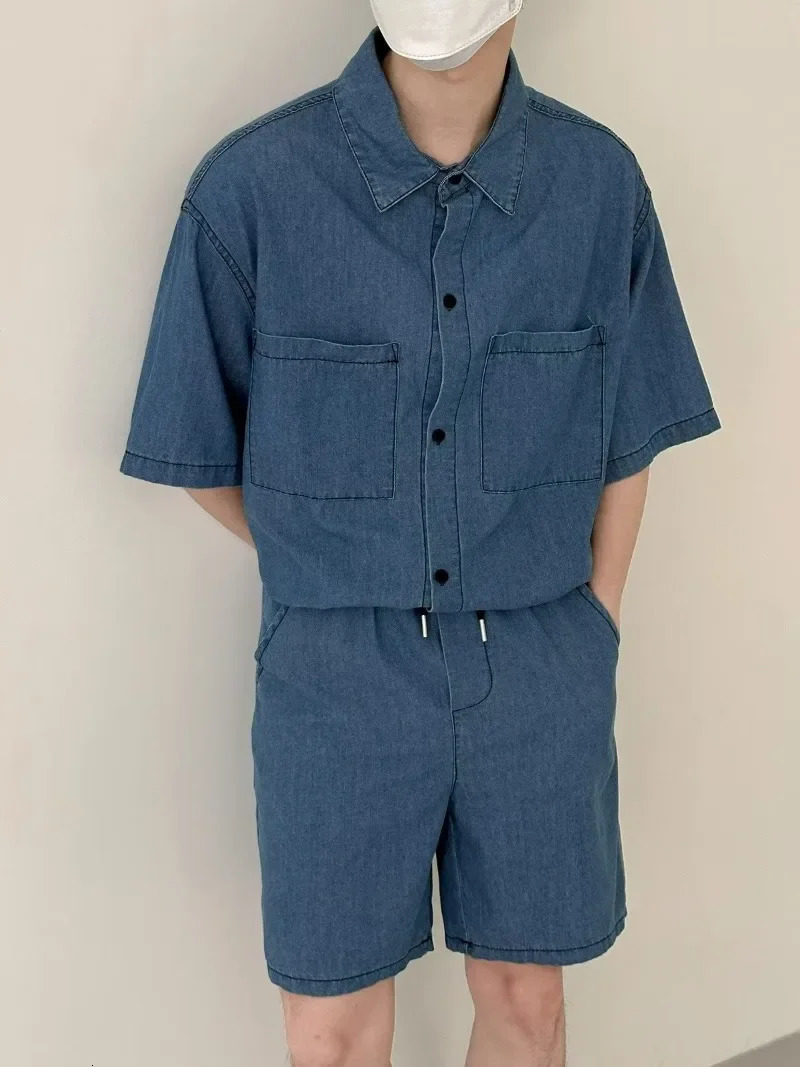 Summer Casual Sets Thin Denim Suits for Mens Vintage Wash Jean Cloth Two-piece Short Sleeved Lapel Shirt Shorts Outfits 240429