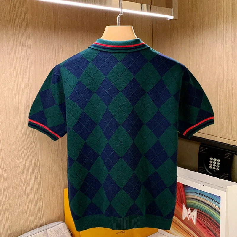 Spring Summer Men Short Sleeve Polo Shirt Male Plaid Contrast Color Slim Fit Mesh Fabric Ventilate Golf 2024 W49 240509