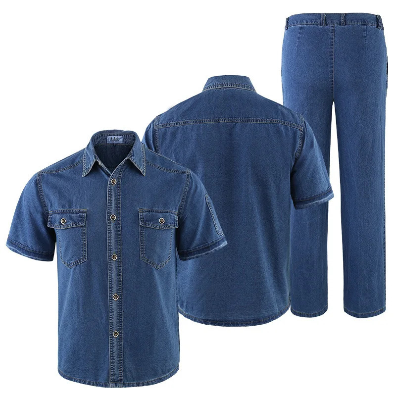 Summer Men Uniform Jeans Sets Long Sleeve Jacket Slim Cotton Two Pieces Breathable Male Wear Resistant Denim Suits Size 4XL 240429