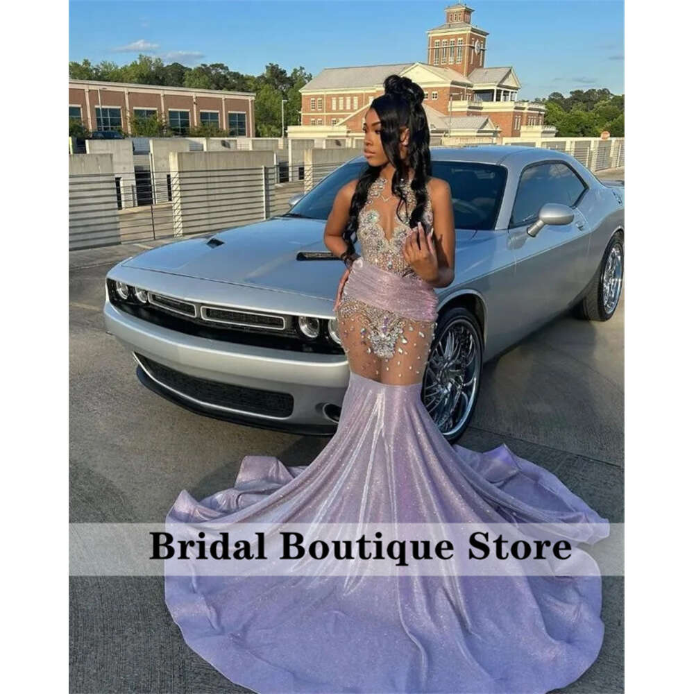 Sparkly Lavender Lilac Dias Long Prom Dress 2024 For Black Girls Beads Crystals Rhies Birthday Party Reception Robe