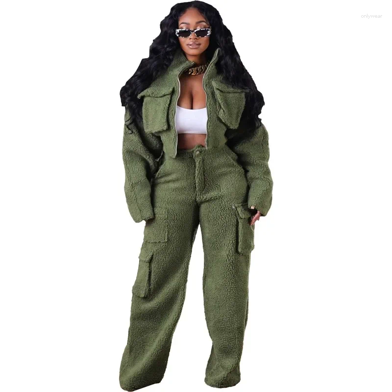 Women's Two Piece Pants Woolen Fleece Sets Women 2024 Winter Long Sleeve 3D Pocket Zipper Turn-down Collar Crop Top Wide Leg Streetwear
