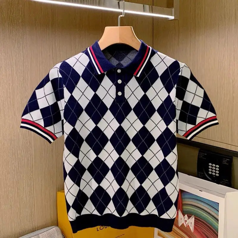 Spring Summer Men Short Sleeve Polo Shirt Male Plaid Contrast Color Slim Fit Mesh Fabric Ventilate Golf 2024 W49 240509