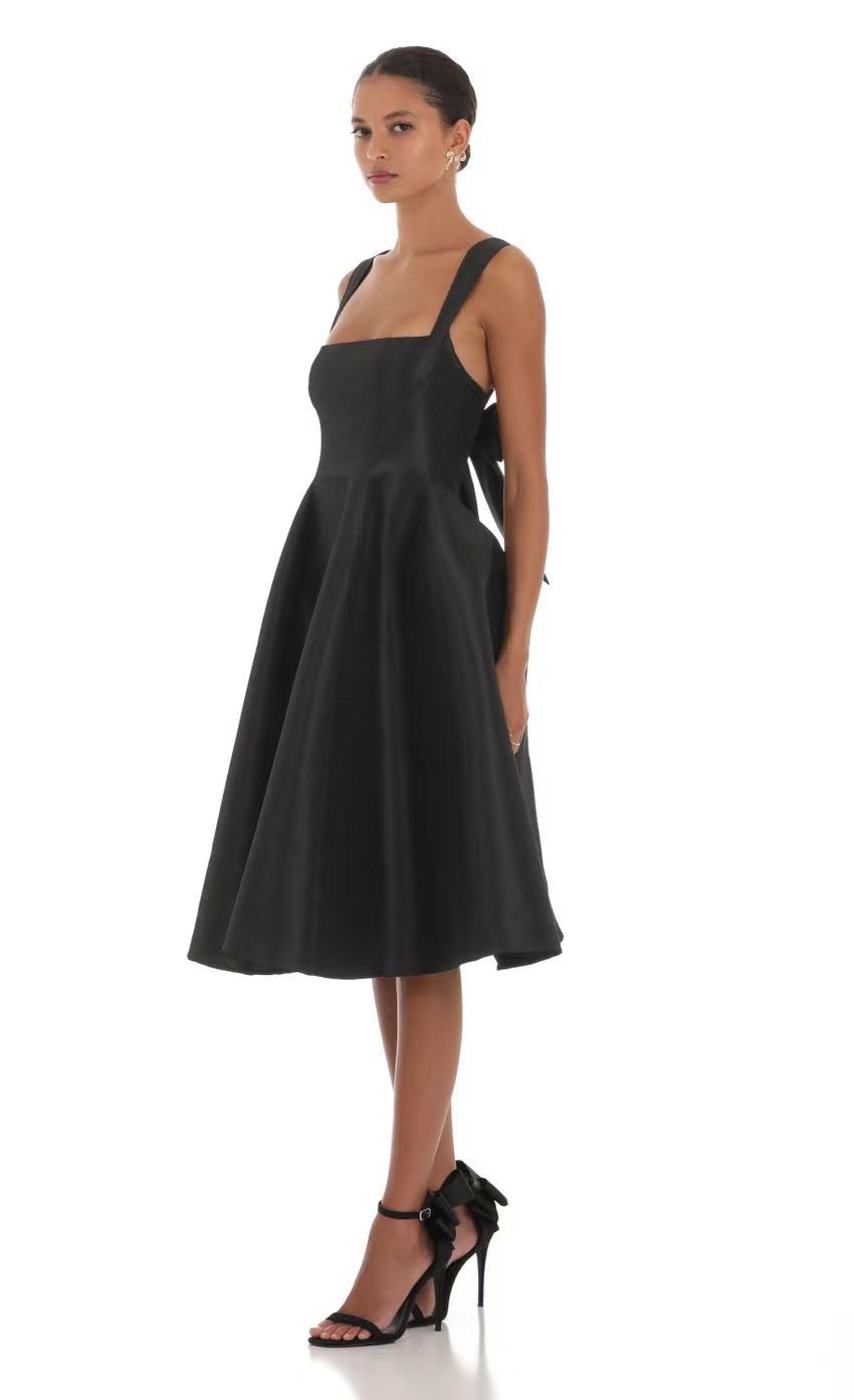graduation Casual Dresses Fashion Bow Backless Pleated Dress For Women white Solid Square Neck Suspender Mini Summer Chic Female Party waist-cinching 