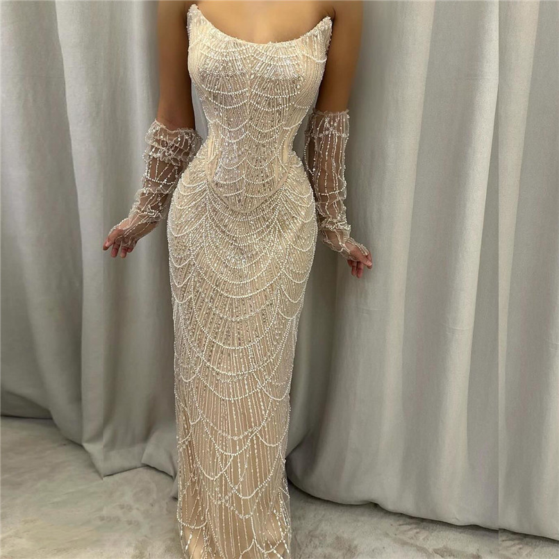 Dubai Arabic New Sexy Champagne Evening Dresses Strapless Mermaid Long Party Ocn Gowns With Full Pearls Beadings Vestidos BC 6660306