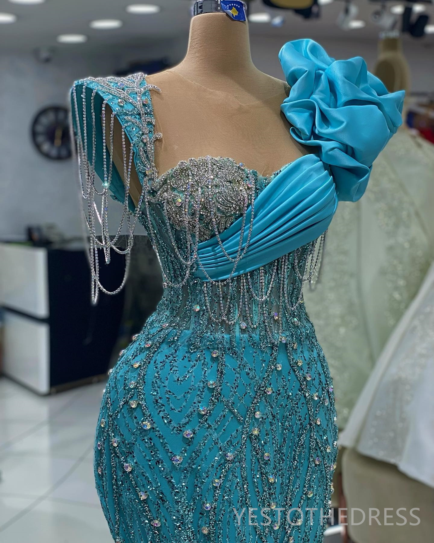 2024 Blue Plus Size Prom Dresses for Special Occasions Promdress Sheer Neck Beaded Lace Beading Tassel Rhinestone Birthday Party Dress Second Receptio