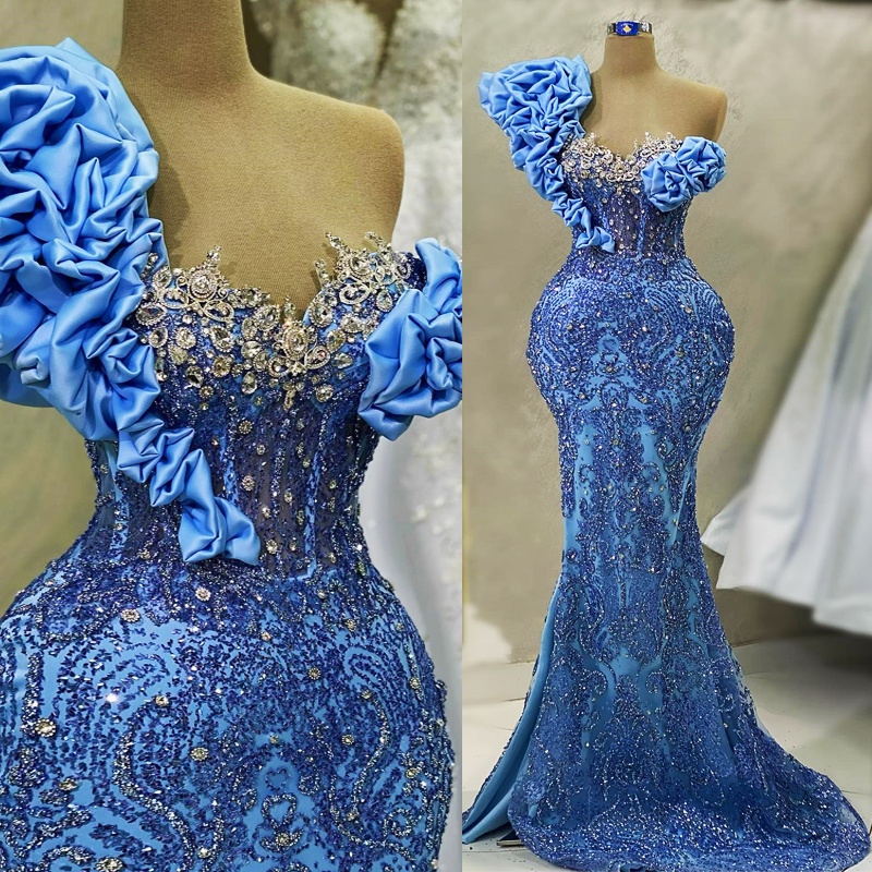 2024 Blue Plus Size Prom Dresses for Special Occasions Promdress One Shoulder Beaded Lace Rhinestone Decorated Birthday Party Dress Second Reception G