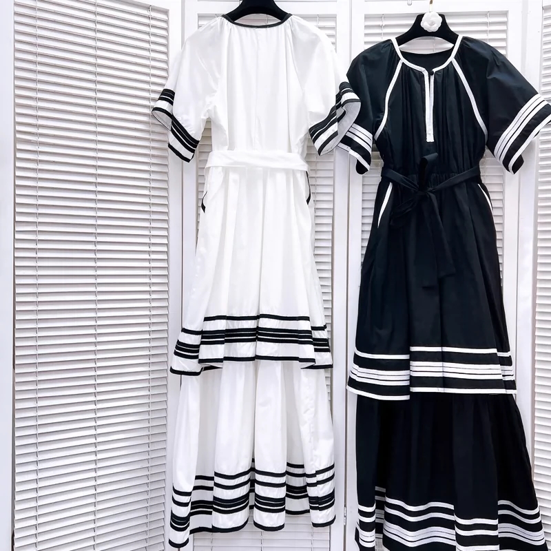 506 XL 2024 Milan Runway Dress Spring Summer Short Sleeve Crew Neck Black White Dresses Womens Dress Fashion High Quality L