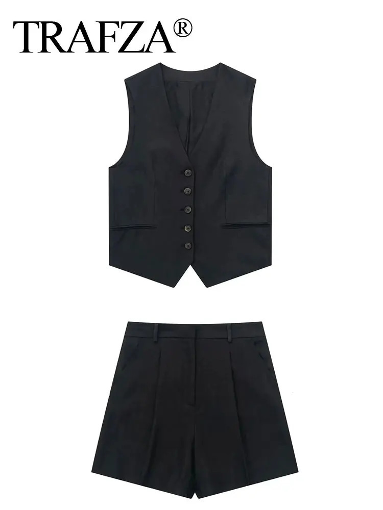 TRAFZA Vest Shorts Suit For Women Fashion Khaki Single Breasted Waistcoat Top Slim Pant Sets Female Casual Streetwear 240423
