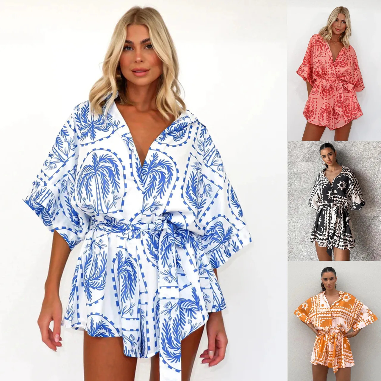 Fashion Printed Chic Jumpsuits Shorts Summer Women Vneck Casual Beach Vacation High Waist Leaceup Bodysuits Streetwear 240423