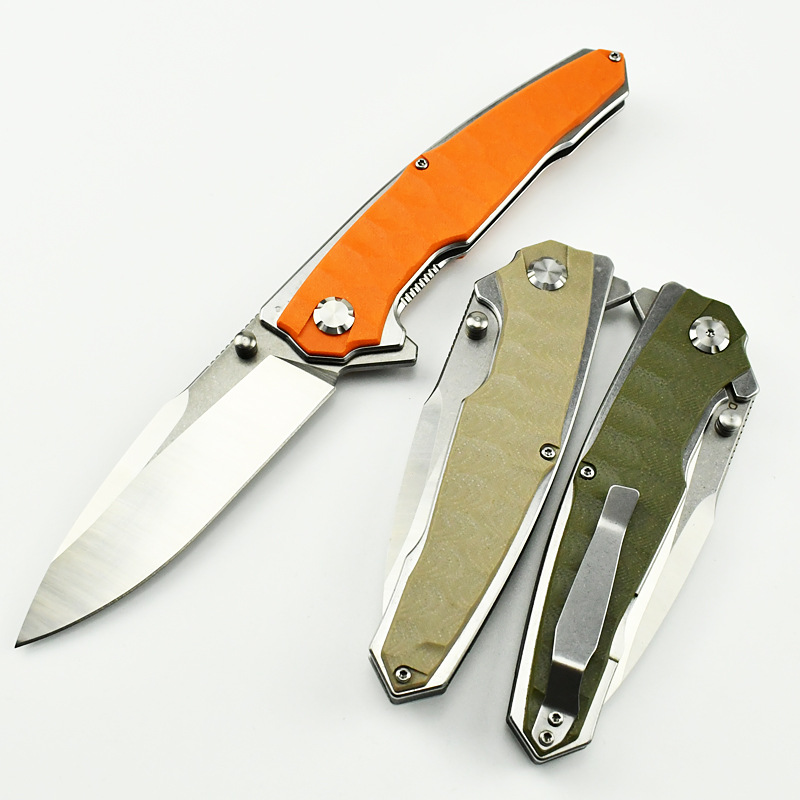 High Quality Ball Bearing Flipper Folding Knife D2 Satin Blade G10 with Stainless Steel Sheet Handle Outdoor Camping Hiking Survival Tactical Knives