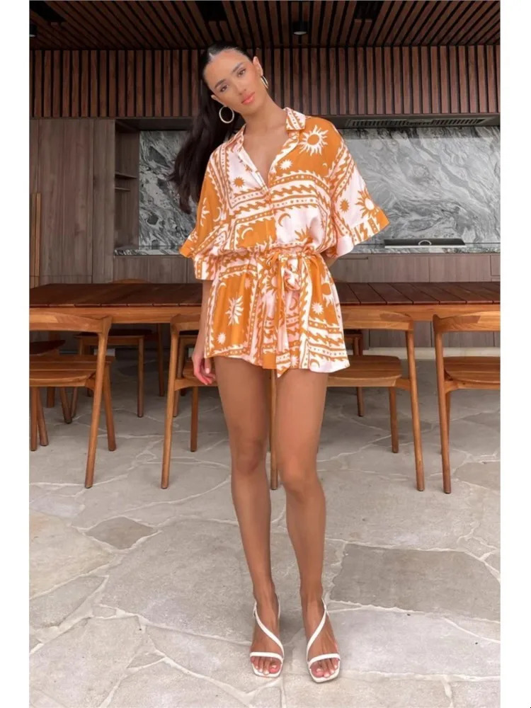 Fashion Printed Chic Jumpsuits Shorts Summer Women Vneck Casual Beach Vacation High Waist Leaceup Bodysuits Streetwear 240423
