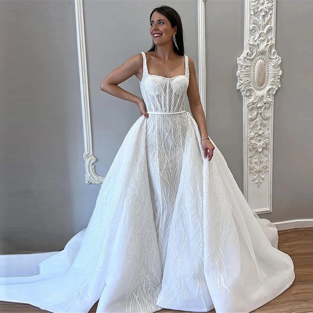 Glitter Sequins Mermaid Wedding Dresses 2025 With Detachable Train Strapless Beads Dubai Women Moden Mermaid Bridal Gowns Vestidos De Novia