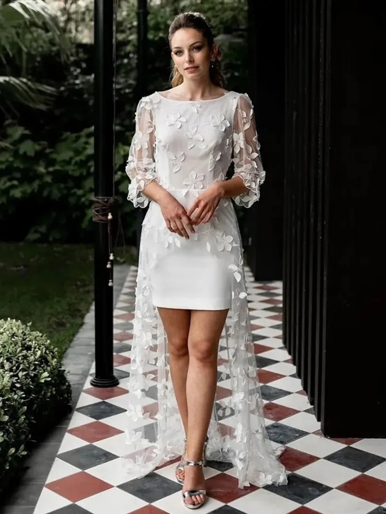 Simple Short Wedding Dress With Train Lace Appliques Backless Floor Length Three Quarter Bridal Party Gown For Women Vestido De Novia Robe Mariee
