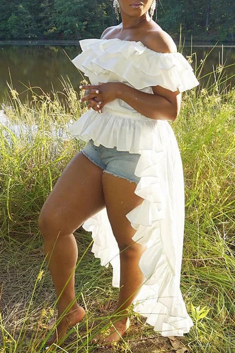 Plus Size White Ruffle Irregular Off Shoulder High Low Mini Dresses 240420