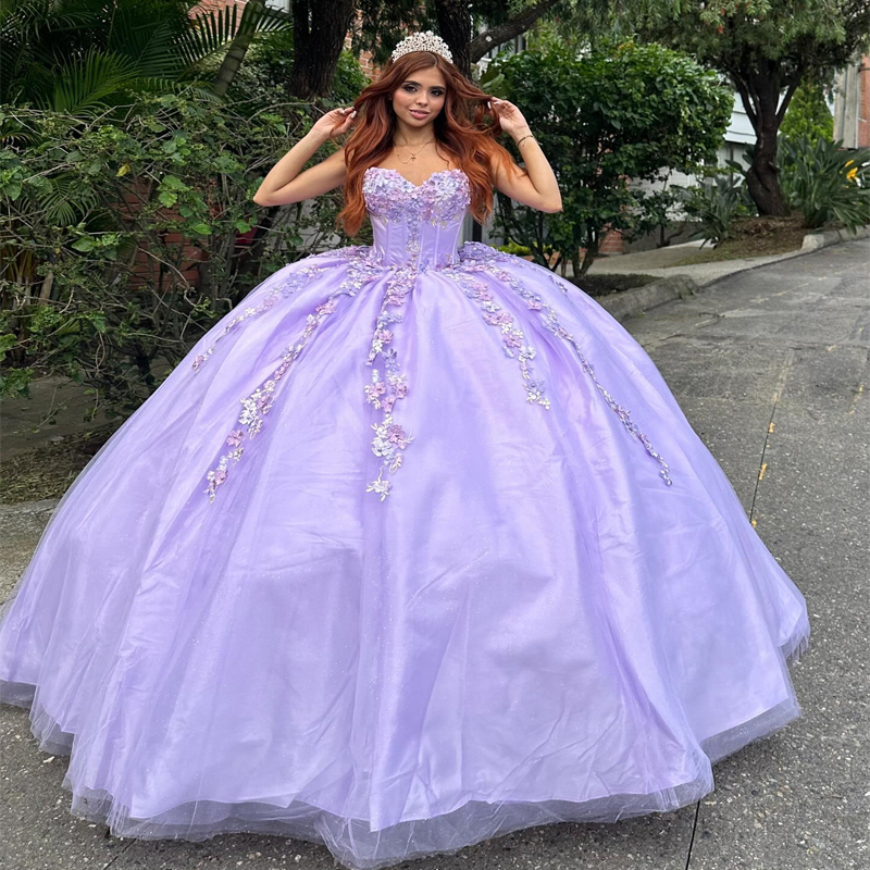 Lavender Lace Appliques Quinceanera Ball Gown Birthday Gowns Off The Shoulder Beads Tull Corset Sweet 16 Dresses vestidos de 15