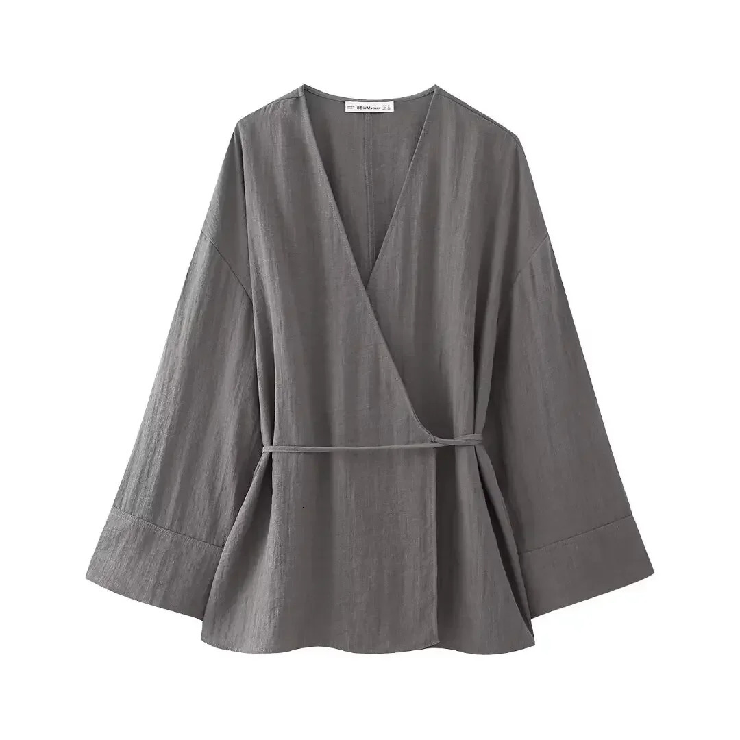Aoaiiys Grey Pants Sets Women Fashion Two Piece Set Lace Up Loose Coats Vintage Tops High Elastic Waist Trousers Chic 240423