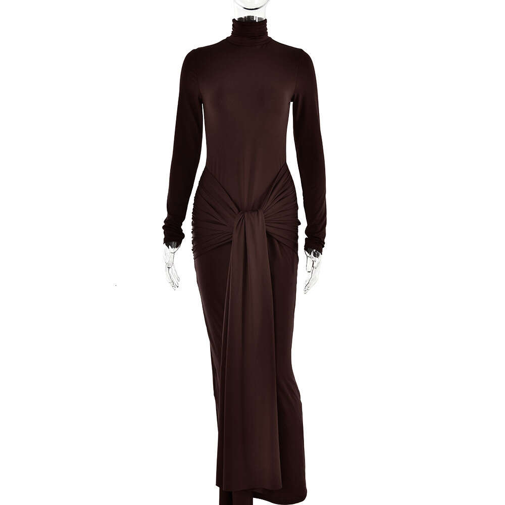 Autumn half high necked sleeved dress for women's fashion, sexy temperament, spicy girl tight fitting long skirt F51150