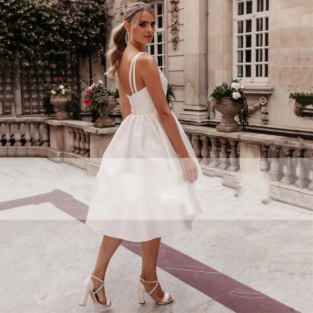 Elegant Short Wedding Dresses 2025 One Shoulder Open Back Pleat Satin Spaghetti Straps Bridal Gown Above Knee Vestidos De Noiva