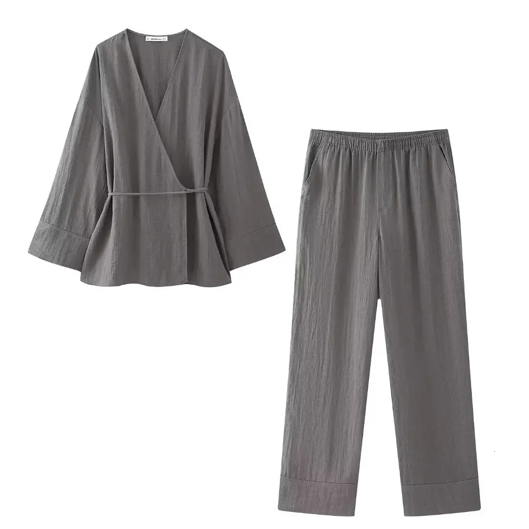 Aoaiiys Grey Pants Sets Women Fashion Two Piece Set Lace Up Loose Coats Vintage Tops High Elastic Waist Trousers Chic 240423