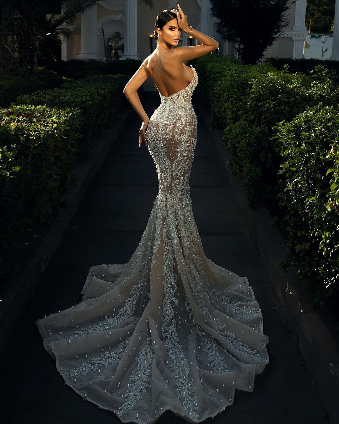 Sexy Mermaid Prom Appliques Pearls Backless Evening Dress Deep V-Neck Detachable Sweep Tail Bridal Gown Custom Made Plus Size vestido de novia