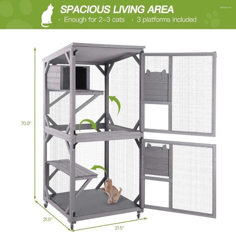 Cat Carriers House Outdoor Cage Enclosure On Wheels Large Wooden Kitty Catio With Resting Box PVC Layer