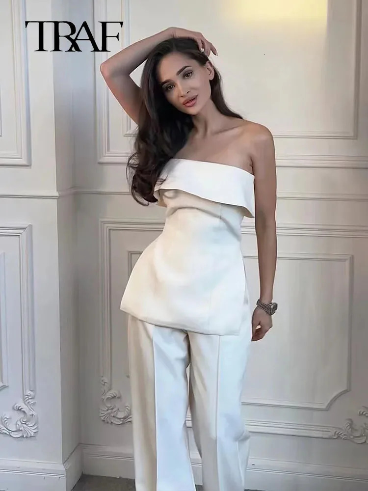 TRAF Women Two Pieces Sets Spring Summer Womens Suit Fashion Vest Wide Leg Pants Outfits 240423