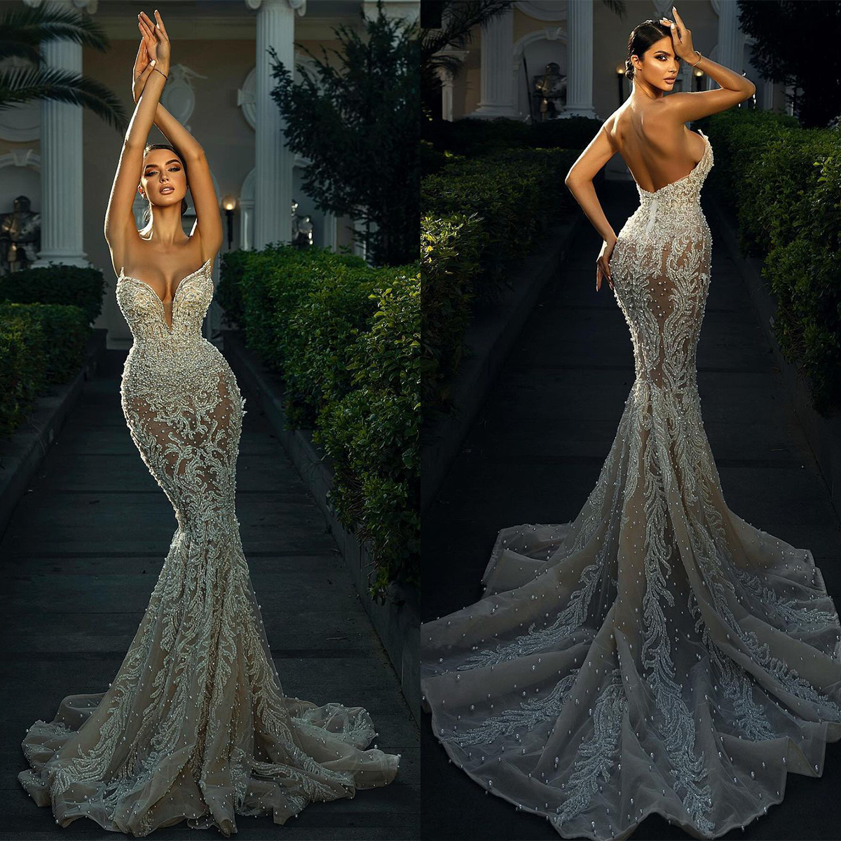 Sexy Mermaid Prom Appliques Pearls Backless Evening Dress Deep V-Neck Detachable Sweep Tail Bridal Gown Custom Made Plus Size vestido de novia