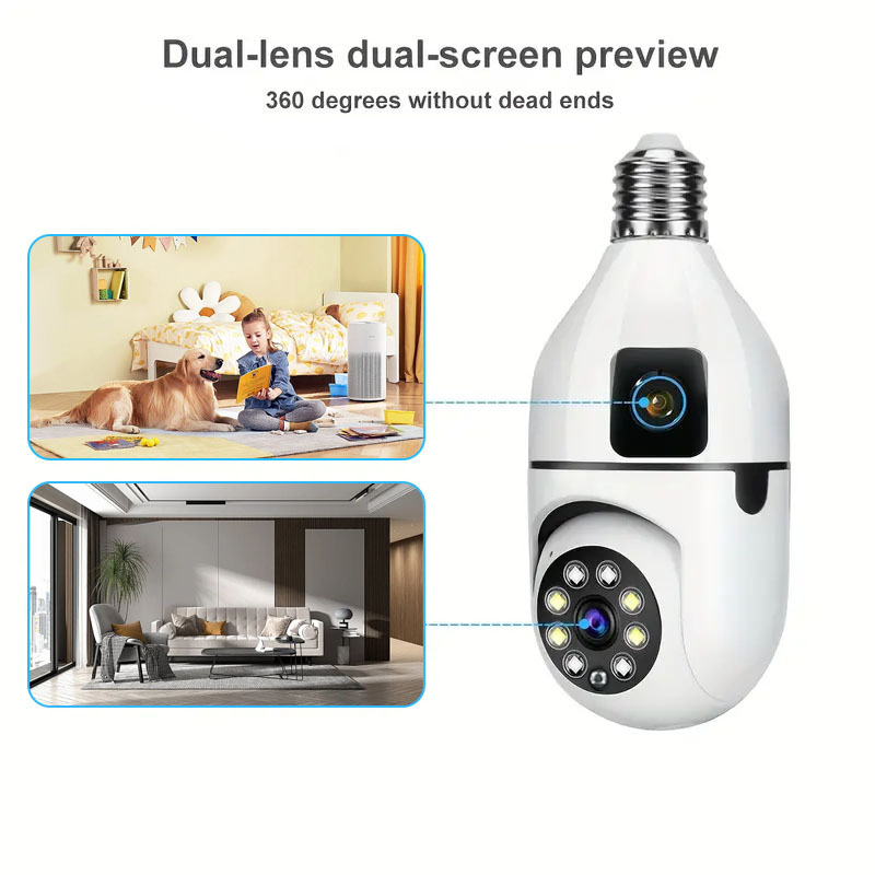 E27 Bulb Dual Lens Surveillance Camera 200W 1080P Night Vision Motion Detection Outdoor Indoor Network Security Monitor Smart Home AI Tracking