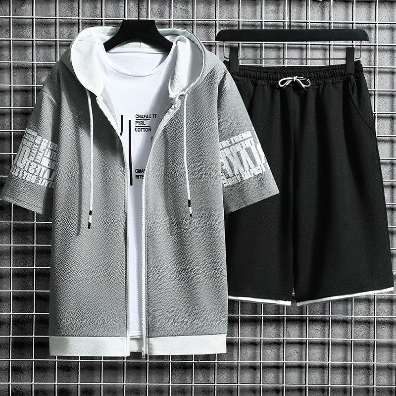 Men Sets 2 Pieces Tracksuit Summer Short Sleeve Hooded Tops Shorts Streetwear Loose Mens Suit Casual Zipper Hip Hop Sportswear 240429