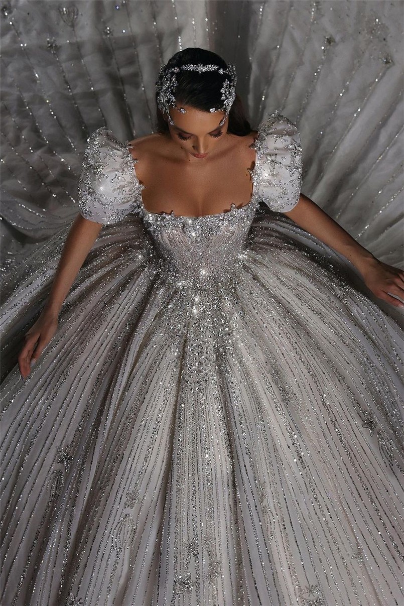 Luxurious Arabic Dubai Ball Gown Wedding Dresses Cap Sleeve Off Shoulder Beadings Crystals Sparkle Sequins Puffy Ruched Bridal Gowns Custom Made BC188