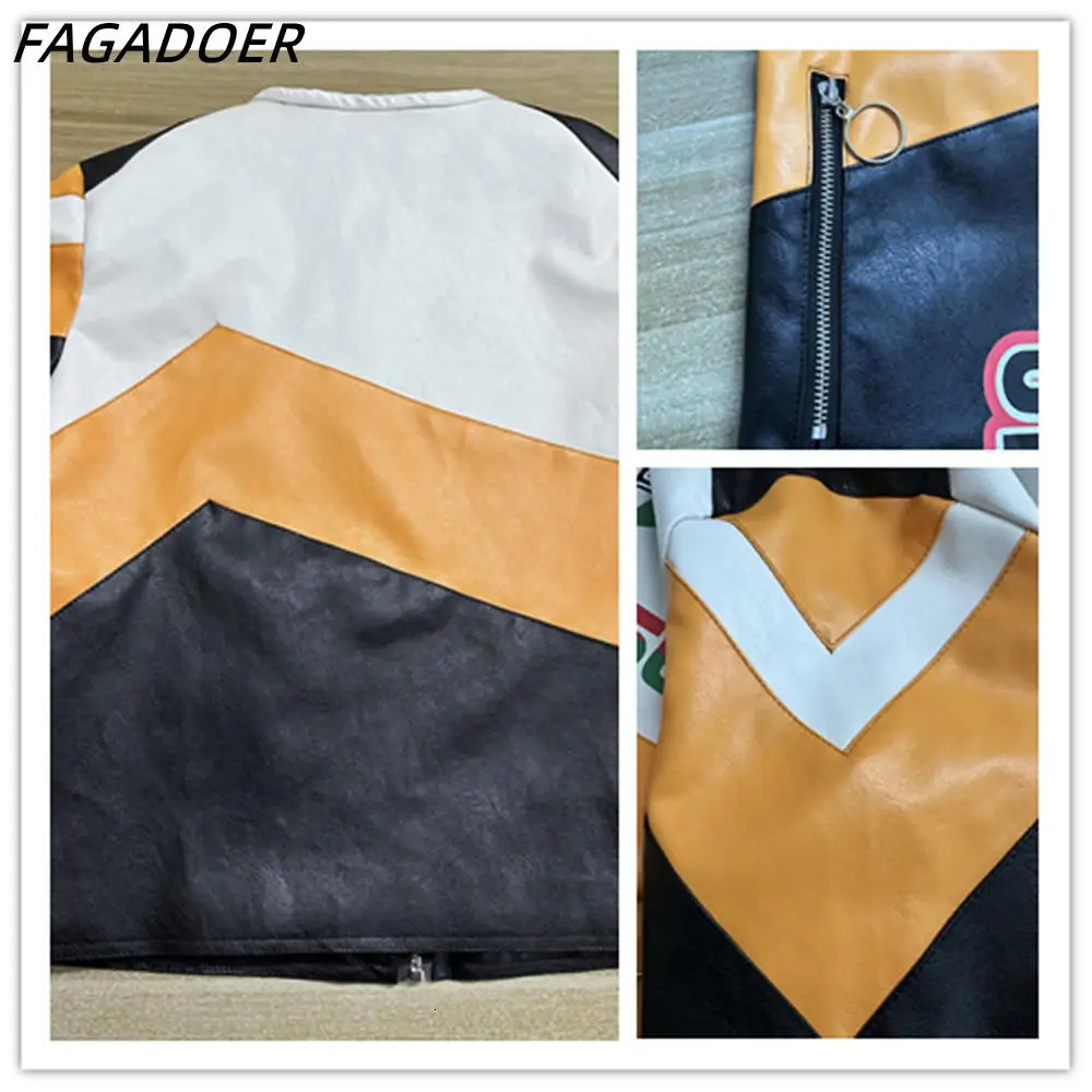 FAGADOER Fashion Street Style Women PU Leather Long Sleeve Zipper Crop Jacket Female Letter Printed Stitching Slim Coat Top 240510