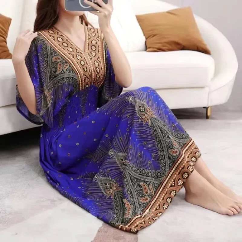 Women Indian Dress Vintage Korean Style Bohemian Floral Casual Loose Vestidos Robe Maxi VNeck Cotton Long Dresses for 240509