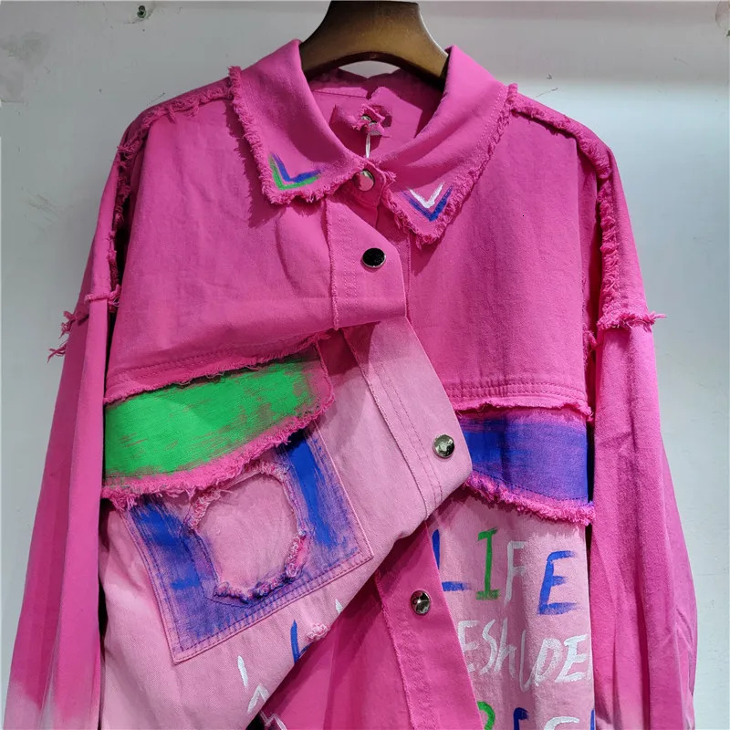 Spring Autumn Long Sleeve Denim Jacket Shirt Women Washed Worn Printed Casual Fashion Loose Street Style 240423