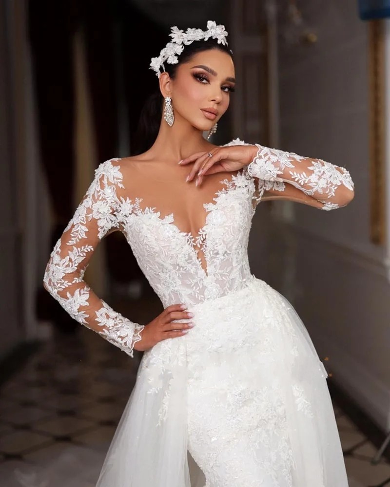 Mermaid Wedding Dresses 2025 With Detachable Train Sheer Neck Lace Appliques Beads Long Sleeves Dubai Women Moden Bridal Gowns Vestidos De Novia