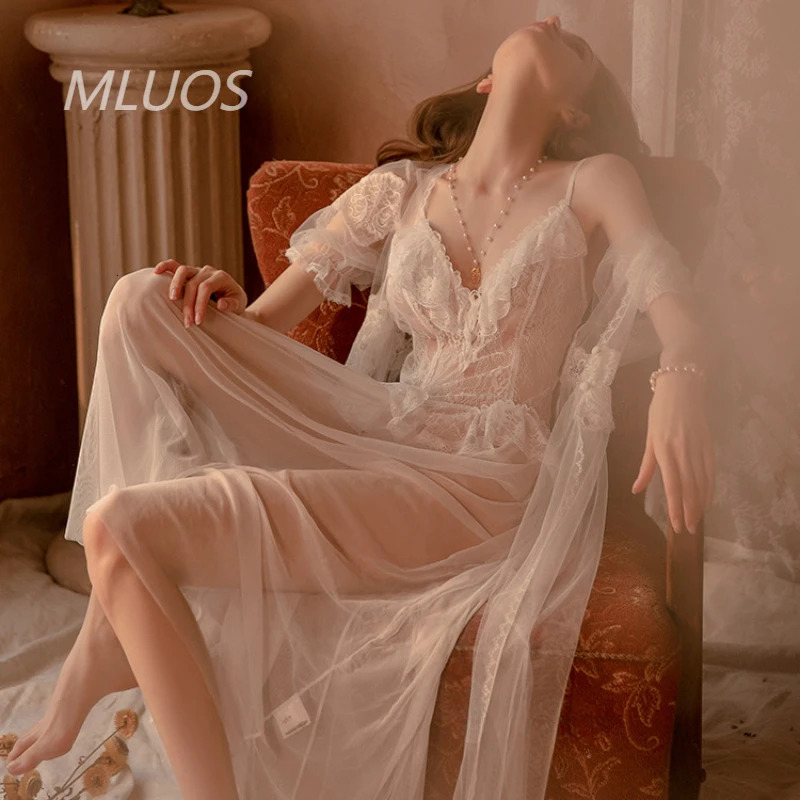 womens pajamas mesh court style long pajamas seductive evening gowns outerwear 240425
