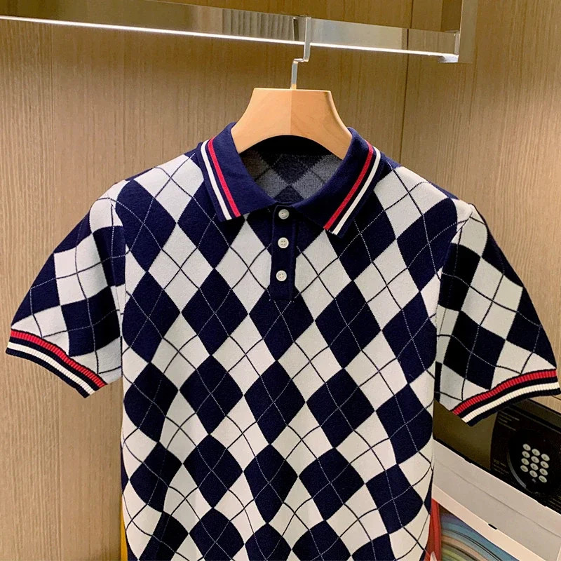 Spring Summer Men Short Sleeve Polo Shirt Male Plaid Contrast Color Slim Fit Mesh Fabric Ventilate Golf 2024 W49 240509